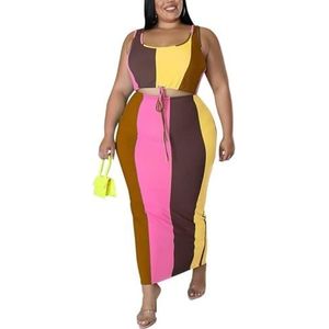Dames Zomer Plus Maat 2-delige Outfits Mode Kleurenblok Vierkante Hals Mouwloze Crop Top En Bodycon Maxi Rok Set (Color : Coffee, Size : XXL)