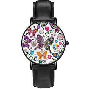 Lente Wit Kleurrijke Vlinders En Bloemen Klassieke Patroon Horloges Persoonlijkheid Business Casual Horloges Mannen Vrouwen Quartz Analoge Horloges, Zwart