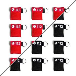12 x beademingsmasker, sleutelhanger, DIN 13154, rood of zwart, FLEXEO | CPR-masker | mond tot mond beademingsbescherming | beademingsdoek | reanimatiebescherming | eerste hulp