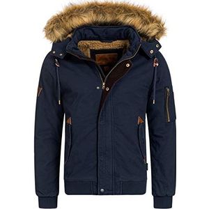 Indicode Pennington Winterjas voor heren, 100% katoen met teddyvoering en afneembare capuchon, warme winterparka, robuuste herenjas, outdoorjas, navy, L