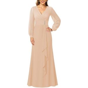 KIYNE Dames lange mouwen moeder van de bruid jurken ruches A-lijn V-hals chiffon formele avondjurk, Blush Roze, 34