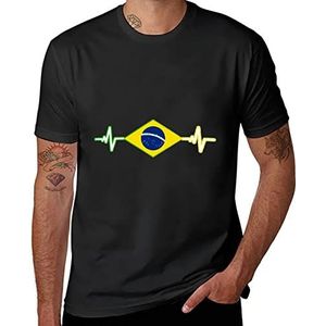 Brazilië Vlag Heart Beat Heren Grafische Korte Mouw T-shirt Ronde Hals Zomer Casual Tee Top 3XL