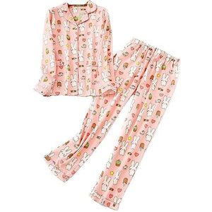 Pyjamaset voor dames, flanel, katoen, comfortabel, lange mouwen, hemd en broek, Roze, L