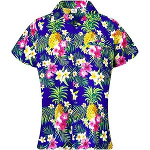 King Kameha Funky Hawaïblouse voor dames, korte mouwen, voorzak, Hawaïprint, ananas, bloemenprint, Pineapple Flowers Blauw, L