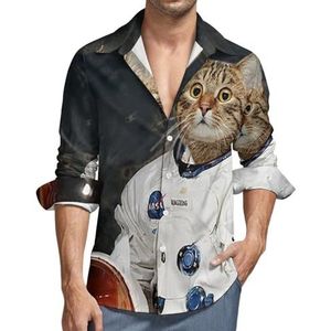 Ruimte astronaut maan kat casual heren shirts lange mouw met zak Hawaiiaans shirt vakantie 6XL