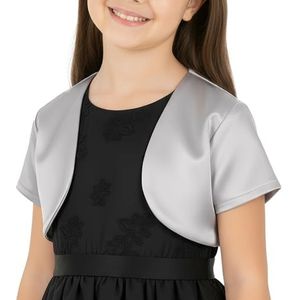 BlackButterfly Kinderen Satijn Kort Mouw Bolero kinder Meisjes Shrug (Zilver, 9-10 jaar)