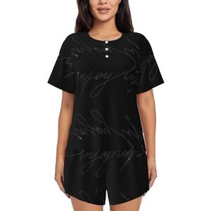 YQxwJL Enjoy Life Handgeschreven Zwarte Tekst Print Vrouwen Pyjama Sets Shorts Korte Mouw Lounge Sets Nachtkleding Casual Pjs Met Zakken, Zwart, 4XL