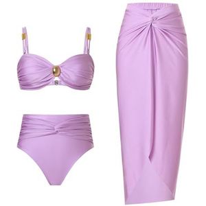 HFYRBDKSPI Dames 3-delige Bikini Sets Spaghetti Bandjes Geplooid Badpak met Strand Cover Up Wrap Rok Sarong,Purper,L