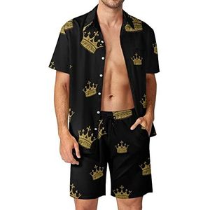 Gold Crown Hawaiiaanse bijpassende set voor heren, 2-delige outfits, button-down shirts en shorts voor strandvakantie