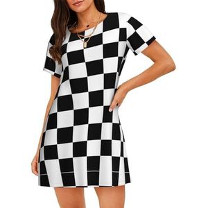 GXUNGT Zwart-wit geruite dames zomergewaad, nachtkleding met korte mouwen, zacht en comfortabel, voor thuis en buiten, Zwart, S