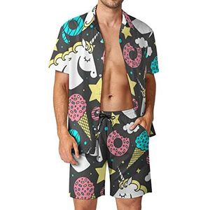 Eenhoorn op zwarte Hawaiiaanse bijpassende set voor heren, 2-delige outfits, button-down shirts en shorts voor strandvakantie