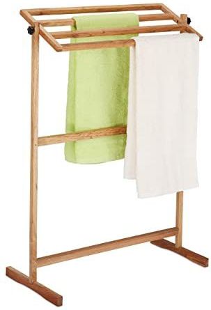 Relaxdays handdoekenrek badkamer - 4 stangen - hout - vrijstaand - theedoekhouder
