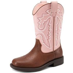 DREAM PAIRS Jongens Meisjes Cowboy Laarzen Kids Western Vierkante Teen Rijlaarzen, Roze/Bruin, 11 Little Kid