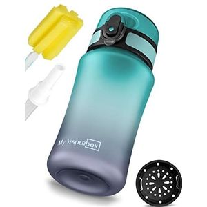 My Vesperbox Minny Drinkfles voor kinderen, lekvrij, 350 ml, met rietje of zeef, lichte Tritan waterfles, BPA-vrij, voor kleuterschool, school (grijs, blauw, 350 ml)