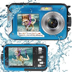 Waterdichte Camera Full HD 2.7K 48MP Onderwater Camera voor Snorkelen Dual Screen Waterdichte Digitale Camera met Zelfontspanner en 16X Digitale Zoom Blauw