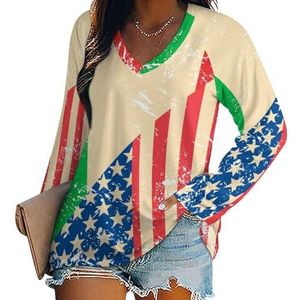 Amerikaanse en Italië retro vlag vrouwen casual lange mouw T-shirts V-hals gedrukte grafische blouses tee tops M