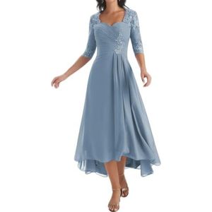 KIYNE Damesjurk, lange jurk voor moeder van de bruid met mouwen, geplooide kanten applicatie, V-hals, formele avondjurk, Dusty Blauw, 32