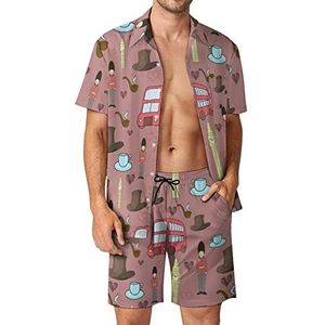 Verenigd Koninkrijk Patroon Mannen Hawaiiaanse Bijpassende Set 2-delige Outfits Button Down Shirts En Shorts Voor Strand Vakantie