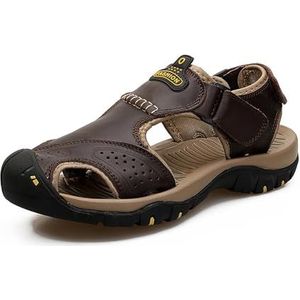 Mens Leather Hiking Sandals With Arch Support Orthopedic Sport Recovery Athletic Walking Sandals For Man Outdoor Summer Casual Sandals (Color : Dark brown, Size : EU 46)