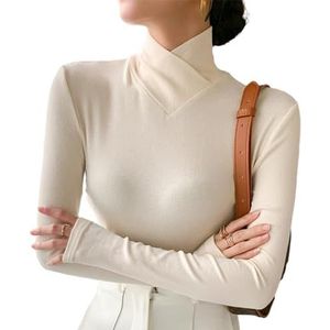 Juneyou Fleece crossover coltrui dames coltrui lange mouwen basislaag tops stretch gebreide slim fit pullover trui trui, Wit, S