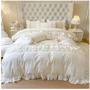 Kanten beddengoedhoes, Roze katoenen strik prinses kant ruche beddengoedset, 4 stuks, verschillende maten(2,Fitted Sheet 1.5mBed)