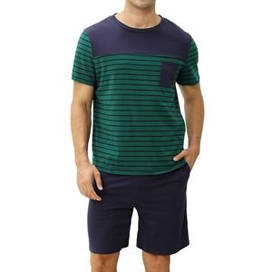 Reliwel Heren Korte Pyjama Gemaakt van Katoen Contrasterend Streepontwerp Zomer Pyjama Heren Ronde Hals Korte Mouw Top en Pyjamabroek met Zak Nachtkleding Huispak Nachtkleding