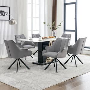 Aunlva Moderne eetkamerstoel met fluwelen naden, set van 6 stuks, kan 360 graden draaien, met armleuningen, woonkamerstoelen, metalen poten, stoelen van fluweel, grijs