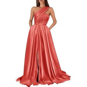 KIYNE Dames galajurken met één schouder en steekzakken, mouwloos, A-lijn baljurk korset, formele jurk, Koraal, 32