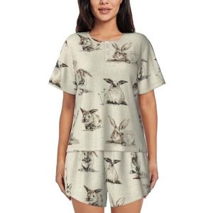 RIVETECH Pyjamaset met konijnenachtergrond voor dames, korte mouwen, comfortabele korte sets, nachtkleding met zakken, Zwart, XL
