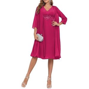 2 Stuks Moeder van de Bruid Jurk voor Bruiloft 3/4 Mouwen Chiffon Avond Prom Jassen met Jas, Fuchsia, 32