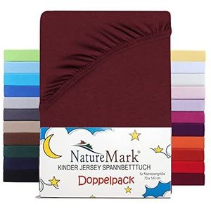 NatureMark Set van 2 hoeslakens voor kinderen, jersey, 100% katoen, voor babybed en kinderbed, 70 x 140 cm, bordeauxrood