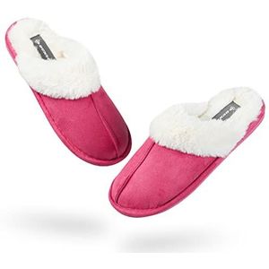 DUNLOP Damespantoffels met traagschuim, pluizige bontvoering, antislip instapschoenen, roze, 38 EU