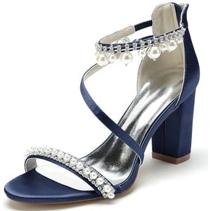 EICOFF Dames Pumps Open Hoge Hakken Satijn Blokhakken Enkelband Parels Sandalen Bruiloft Bruidspompen Feest Jurk Prom Schoenen,Dark blue,36 EU