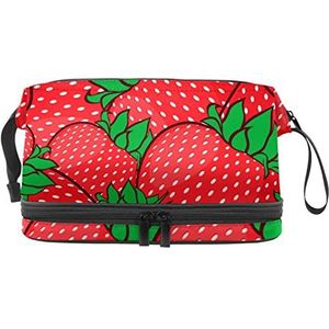 Grote capaciteit reizen cosmetische tas,make-up tas,Waterdichte make-up tas organizer, zomer aardbeien patroon rood, Meerkleurig, 27x15x14 cm/10.6x5.9x5.5 in