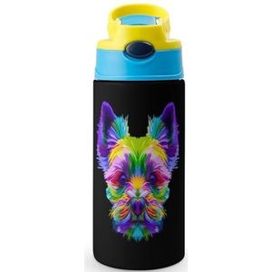 Kleurrijke Yorkshire Terrier Hond Hoofd 12oz Water Fles met Stro Koffie Tumbler Water Cup Rvs Reizen Mok Voor Vrouwen Mannen Blauw-Stijl