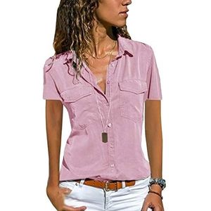 SOMTHRON Damesmode Blouses Button Up V-hals Shirt met korte mouwen