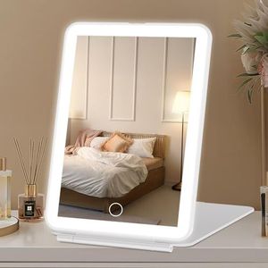 FASCINATE Oplaadbare make-upspiegel met ledlampjes voor op reis, make-upspiegel met verlichting, draagbaar, dimbaar, 72 ledlampjes, verlichte schoonheidsspiegel, 3 kleuren, touchscreen (Wit)
