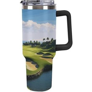 STVNKML 40 oz beker met handvat golfbaan roestvrijstalen koffiemok herbruikbare reismok lekvrije geïsoleerde autobeker grote capaciteit beker voor reizen, buiten, thuisgebruik (zwart)