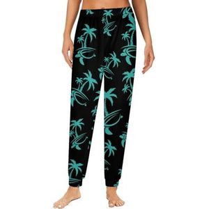 Hawaiiaanse pyjama voor dames, met palmboom en zeeschildpad, loungebroek, elastische tailleband, nachtkleding, broek, print