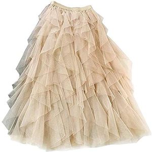 LaoZan Vrouwen Geplooid Tulle Maxi Rok Enkellengte Elastische Hoge Taille Een Lijn Vloeiende Hem Ademend Petticoat (Abrikoos,Taille (60-80) cm)