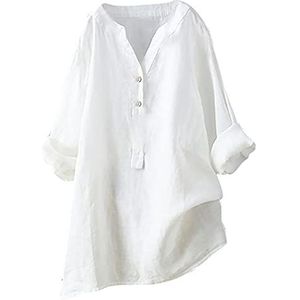 Dames casual knoop V-hals 3/4 mouw shirts Henley oversized effen blouses oprolbare mouwen zomer tops tunieken verkoop, mode dames tops UK, Wit, XXL