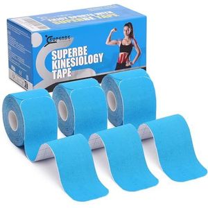SUPERBE Voorgesneden kinesiologietape (verpakking met 3 rollen), elastische sporttape voor pijnverlichting, spierondersteuning, herstel en fysiotherapie, ademend, waterdicht (blauw)