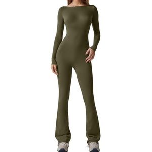 Flare jumpsuits voor dames, sexy jumpsuit met lange mouwen en open rug, volledige lengte romper playsuit(Green,Large)