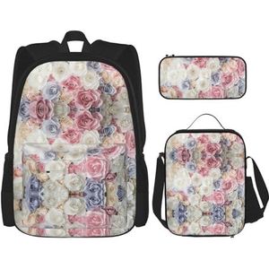 SUHNGE Rose Gold Marble Print Lichtgewicht Rugzak Set van 3 Stuks (Potlood Case Schooltas Lunch Bag Combinatie), Rose Bloem Bloemen, Eén maat