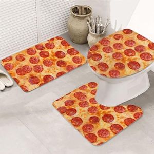 OPSREY 3D Pizza Pepperoni Gedrukt 3 Stuk Badkamer Tapijten Set Badkamer Tapijten Zachte Voet en Bad Tapijten