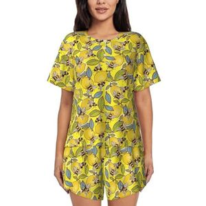 RIVETECH Gele pyjamaset met citroen- en bijenprint voor dames met korte mouwen - comfortabele korte sets, nachtkleding met zakken, Zwart, M