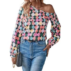 dames topjes Blouse met asymmetrische hals en lantaarnmouwen met allover print (Color : Multicolore, Size : Small)