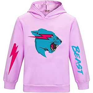 Mr Beast hoodies voor jongens meisjes, pullover sweatshirt voor kinderen, shirt met cartoon, klassieke trui met lange mouwen, Paars, 9-10 jaar