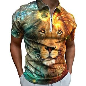 Lion Constellation Galaxy Poloshirts met halve rits voor heren, slim fit, korte mouwen, sneldrogend, golftops, T-shirts, S