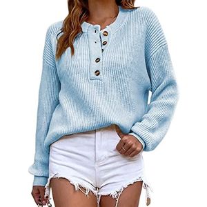 Dames pullover ronde hals knopen pullover oversized effen lange mouwen casual gebreide kleding, blauw, Large